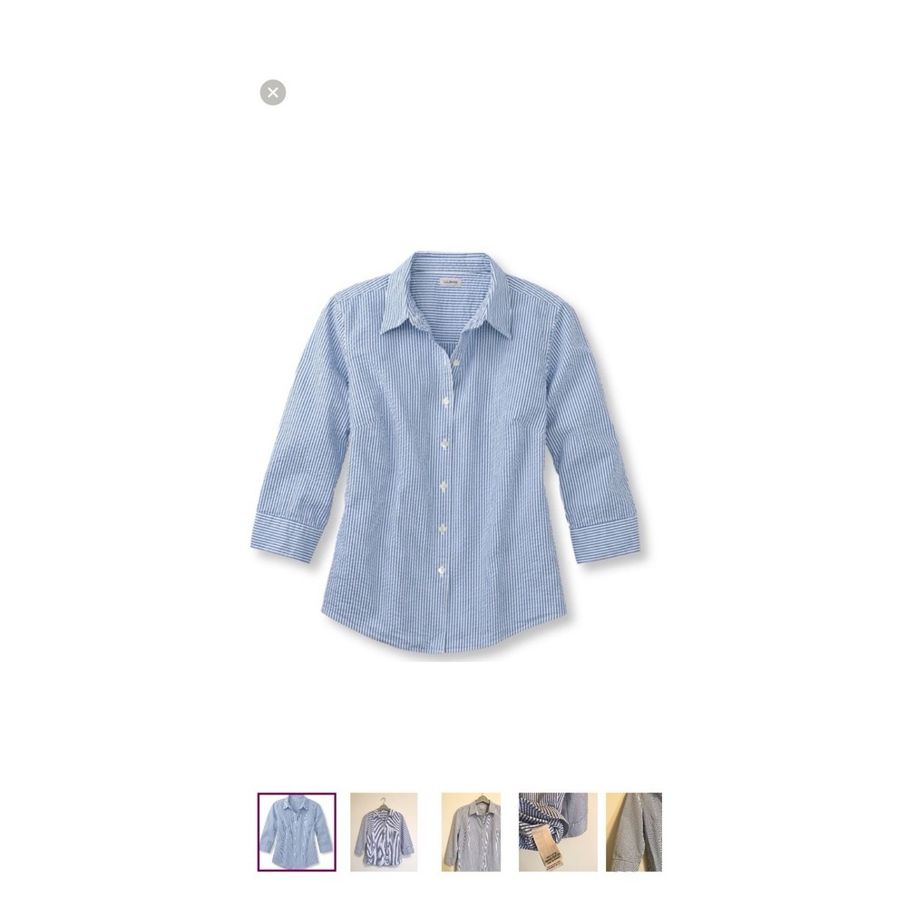 LL Bean Blue White Stripe 3/4 Sleeve‎ Button Up Cotton Seersucker Shirt LARGE - Picture 11 of 11